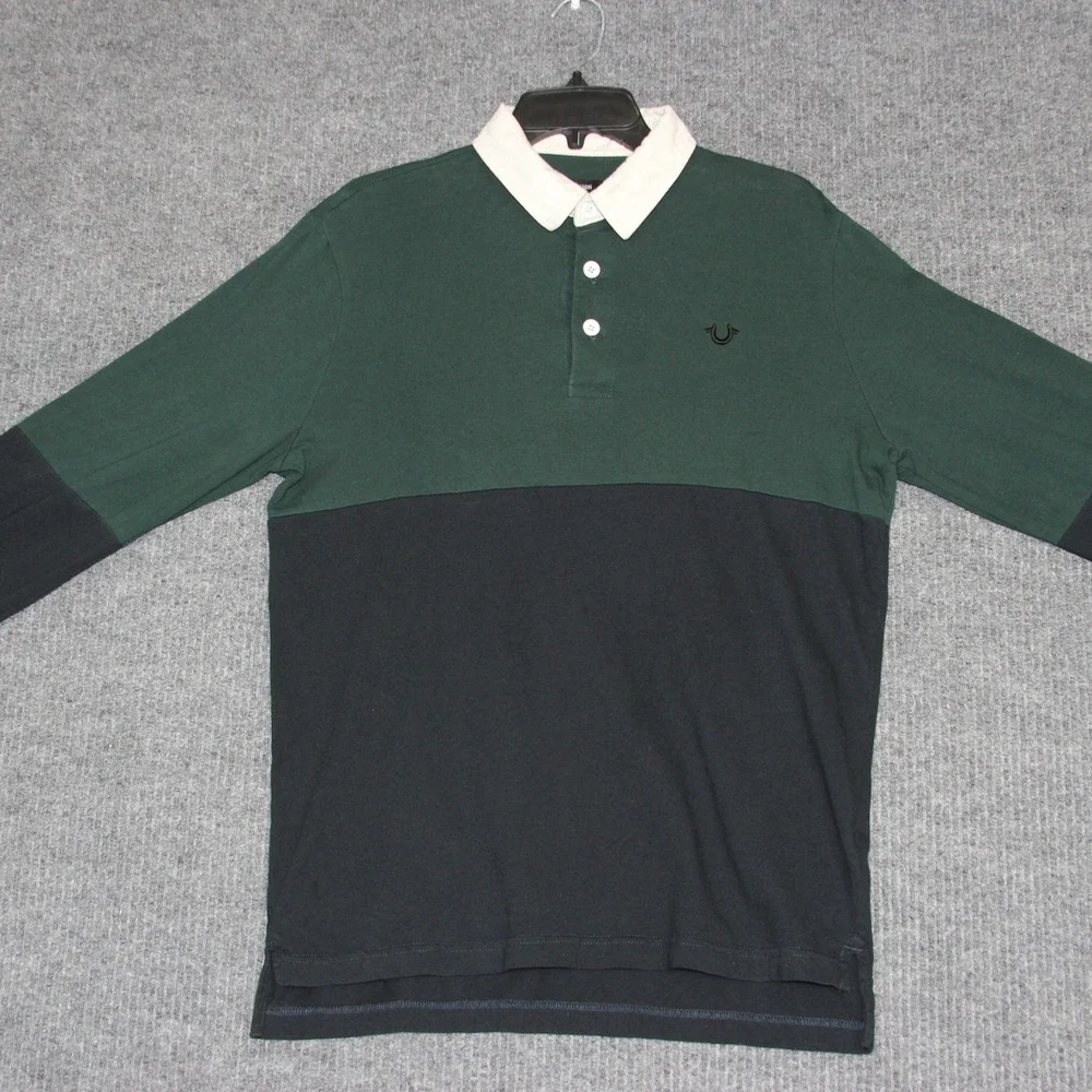 True Religion Mens Long Sleeve Polo Shirt Colorblock Green‎ Black Size S